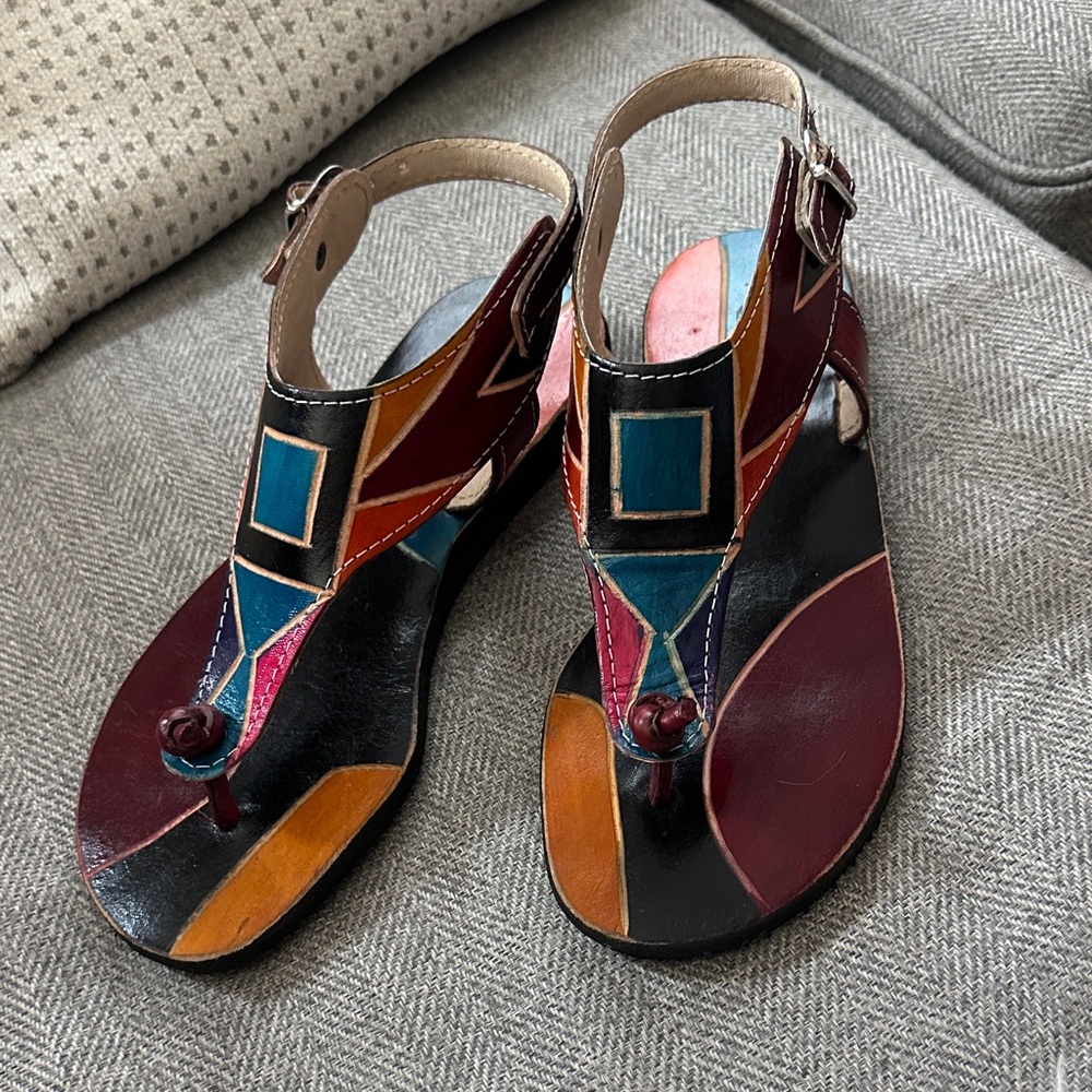 Genuine Tooled Leather Multicolor  Geometric Women's Sandals